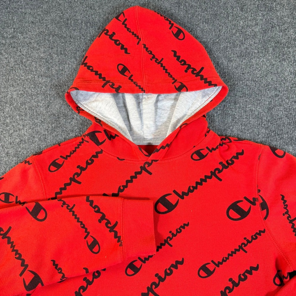 Champion Mens All Over Print Script Logo Hoodie Red Black XL CHB309